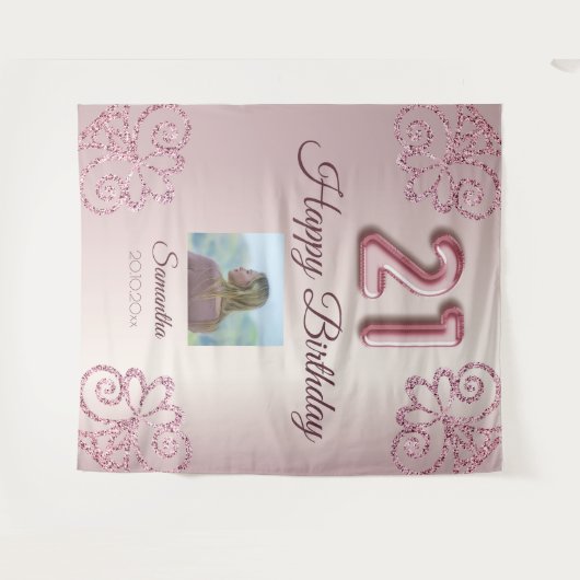 Verjaardagsfeestje 21 Blush Roze Ballon Glitter Wandkleed (Voorkant (horizontaal))