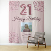 Verjaardagsfeestje 21 Blush Roze Ballon Glitter Wandkleed (In situ)