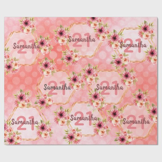 Verjaardagsfeestje 21 jaar koralen gouden dahlia b cadeaupapier (Vlak)