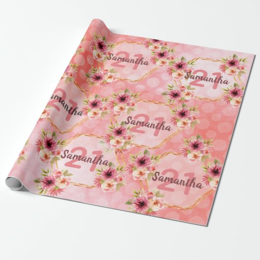 Verjaardagsfeestje 21 jaar koralen gouden dahlia b cadeaupapier (Uitgerold)