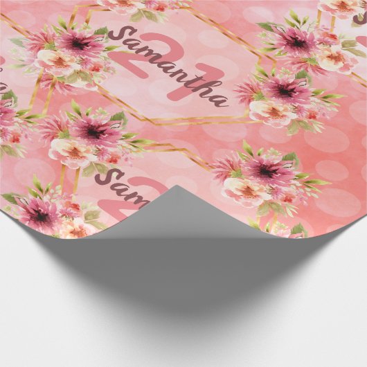 Verjaardagsfeestje 21 jaar koralen gouden dahlia b cadeaupapier (Hoek)