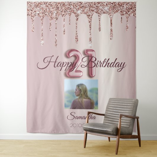 Verjaardagsfeestje 21 Rose Gouden Ballon Glitters Wandkleed (In situ)