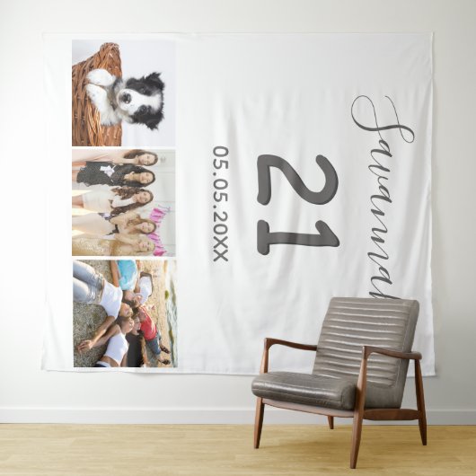 Verjaardagsfeestje 21 wit fotocollage naam wandkleed (In Situ (horizontaal))