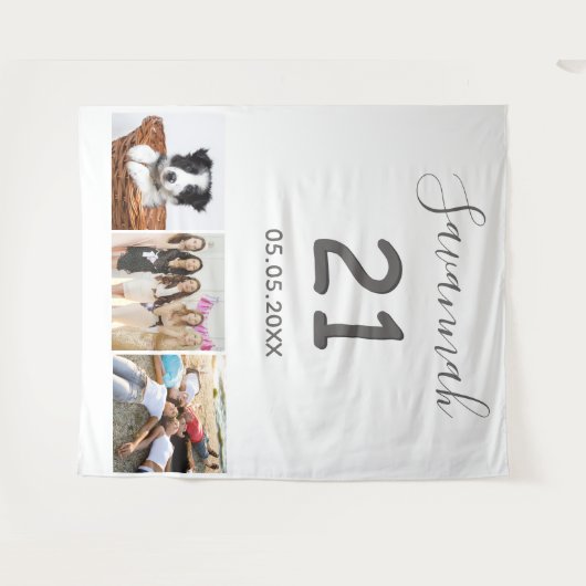 Verjaardagsfeestje 21 wit fotocollage naam wandkleed (Voorkant (horizontaal))