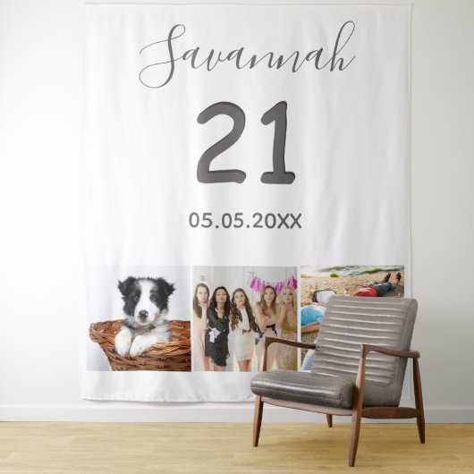 Verjaardagsfeestje 21 wit fotocollage naam wandkleed (In situ)