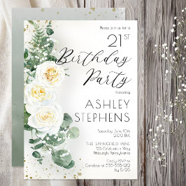 Verjaardagsfeestje 21e elegant witte roos eucalypt kaart