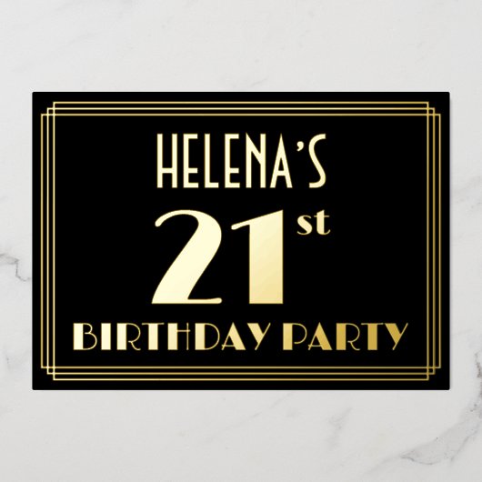 Verjaardagsfeestje 21ste verjaardag: Art Deco-uits Folie Uitnodiging (Voorkant)