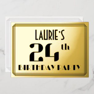 Verjaardagsfeestje 24: Art Deco Look “24” en naam Folie Uitnodiging