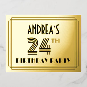 Verjaardagsfeestje 24 ~ Art Deco Stijl “24” + Naam Folie Uitnodiging Briefkaart