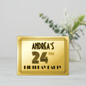 Verjaardagsfeestje 24 ~ Art Deco Stijl “24” + Naam Folie Uitnodiging Briefkaart (Staand Voorkant)