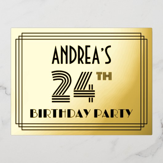 Verjaardagsfeestje 24 ~ Art Deco Stijl “24” + Naam Folie Uitnodiging Briefkaart (Voorkant)