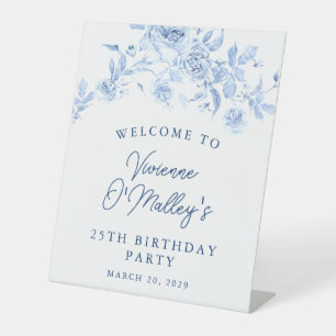 Verjaardagsfeestje 25 jaar blauw roos bloemstuk we reclamebord met voetstuk