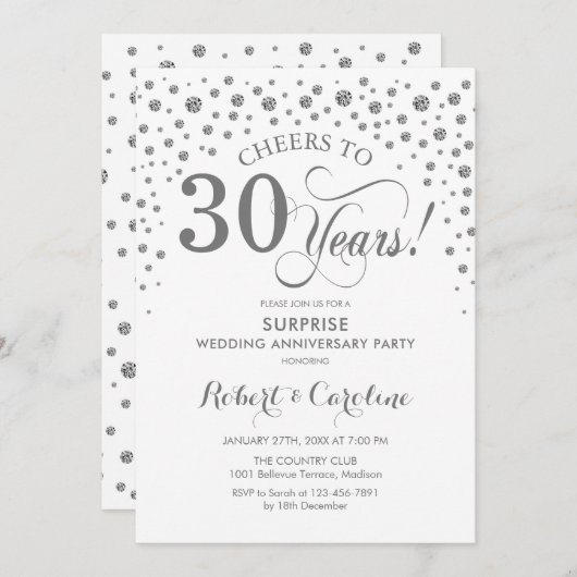 Verjaardagsfeestje 30-jarig jubileum - Zilver Wit Kaart (Voorkant / Achterkant)