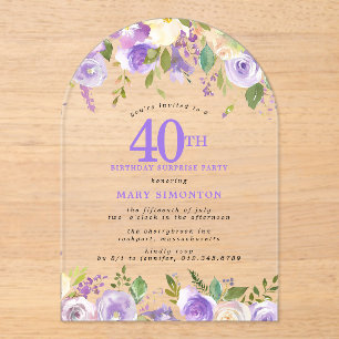 VERJAARDAGSFEESTJE 40ste Verjaardag Paarse Bloemen Acryl Uitnodigingen