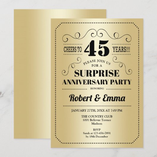 Verjaardagsfeestje 45 jaar - Goud Zwart Kaart (Voorkant / Achterkant)