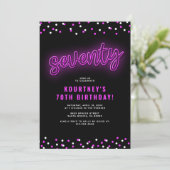 Verjaardagsfeestje 70 jaar in roze neon voor volwa kaart (Staand voorkant)