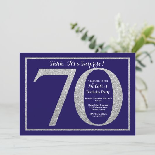 Verjaardagsfeestje 70e verjaardag Navy blauw zilve Kaart (Staand voorkant)