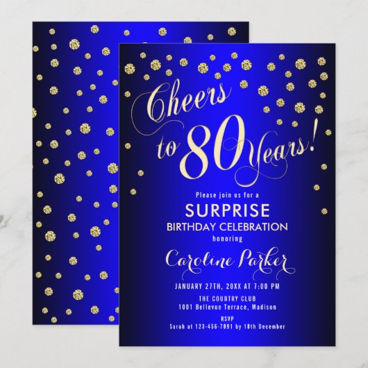 Verjaardagsfeestje 80 jaar - Koninklijk Blauw Goud Kaart (Voorkant / Achterkant)