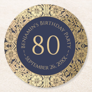 Verjaardagsfeestje 80 jaar oud Navy blauw goud blo Ronde Kartonnen Onderzetter