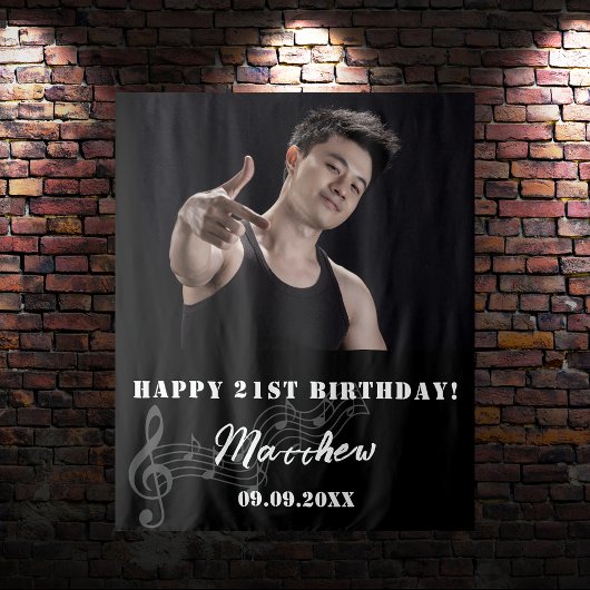 Verjaardagsfeestje aangepaste foto zwart wit muzie wandkleed