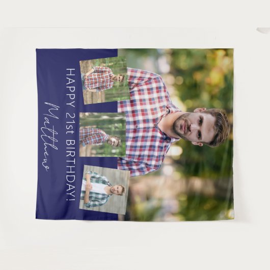 Verjaardagsfeestje aangepaste fotocollage marinebl wandkleed (Voorkant (horizontaal))