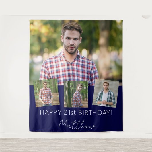 Verjaardagsfeestje aangepaste fotocollage marinebl wandkleed (Voorkant)