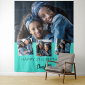 Verjaardagsfeestje aangepaste fotocollage turquois wandkleed (In situ)