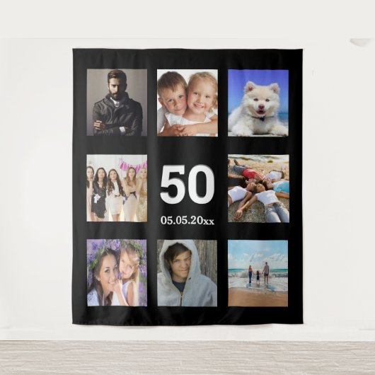 Verjaardagsfeestje aangepaste fotocollage zwarte m wandkleed (Voorkant)