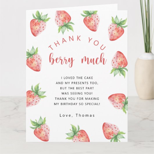 Verjaardagsfeestje aardbeien dank je zeer bedankkaart (Voorkant)
