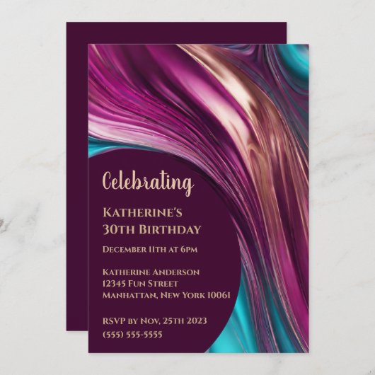 Verjaardagsfeestje-Abstracte Magenta Turquoise en  Kaart (Voorkant / Achterkant)