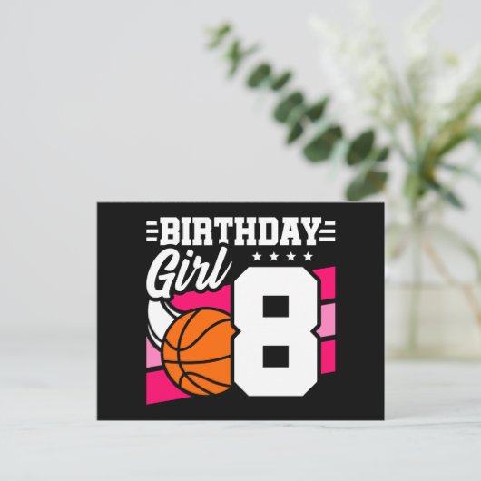 Verjaardagsfeestje Basketbal 8 Jaar Oude Meisje Briefkaart (Staand voorkant)