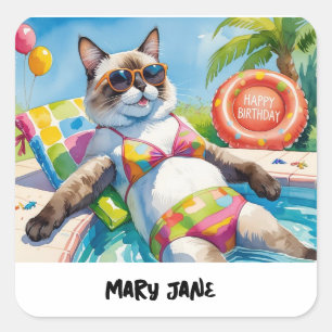 Verjaardagsfeestje bij het zwembad voor kattenlief vierkante sticker
