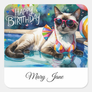 Verjaardagsfeestje bij het zwembad voor kattenlief vierkante sticker