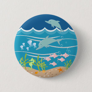 verjaardagsfeestje bij Zeemeermin en dolfijnen Ronde Button 5,7 Cm