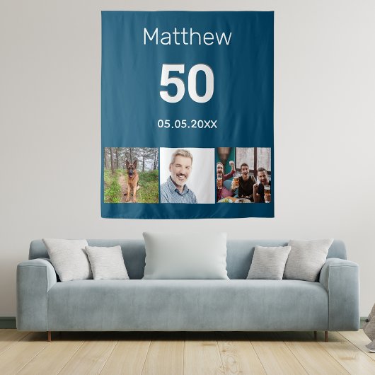 Verjaardagsfeestje blauwe fotonaam man wandkleed