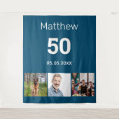 Verjaardagsfeestje blauwe fotonaam man wandkleed (Voorkant)