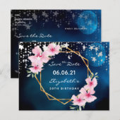 Verjaardagsfeestje blauwe maan roze bloemen Save t Briefkaart (Voorkant / Achterkant)