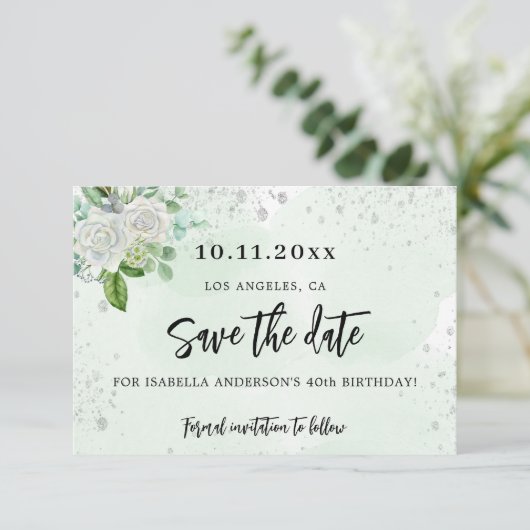 Verjaardagsfeestje bloem wit groen elegant save the date (Staand voorkant)