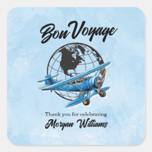 Verjaardagsfeestje Bon Voyage Reiswereldbol Vliegt Vierkante Sticker