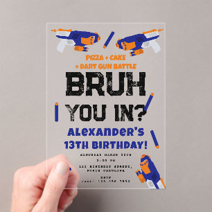 Verjaardagsfeestje Bruh Boy's Tiener Dart Pistool  Acryl Uitnodigingen