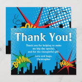 Verjaardagsfeestje dank je Superheld Comic Jongen Bedankkaart (Voorkant / Achterkant)