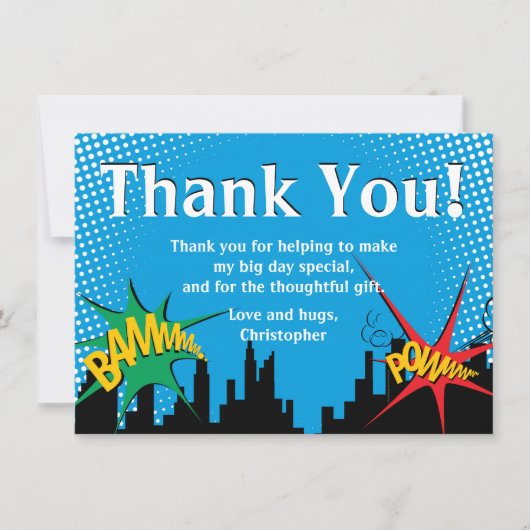 Verjaardagsfeestje dank je Superheld Comic Jongen Bedankkaart (Voorkant)