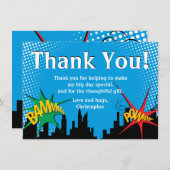 Verjaardagsfeestje dank je superheld stripboek jon bedankkaart (Voorkant / Achterkant)