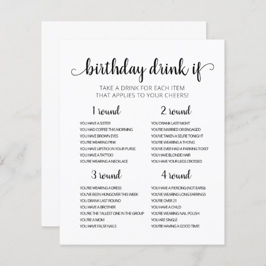 Verjaardagsfeestje Drink Als spel bewerkbare kaart (Voorkant / Achterkant)