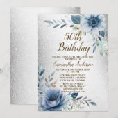 Verjaardagsfeestje Dusty Blue Waterverf Flower Sil Kaart (Voorkant / Achterkant)