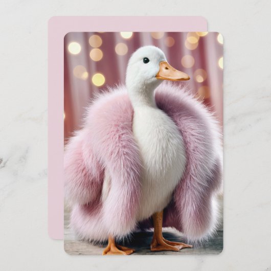 Verjaardagsfeestje eend met een roze bontjas kaart (Voorkant / Achterkant)