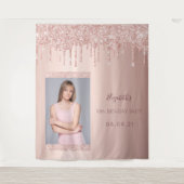 Verjaardagsfeestje foto roze gouden glitterspetter wandkleed (Voorkant)