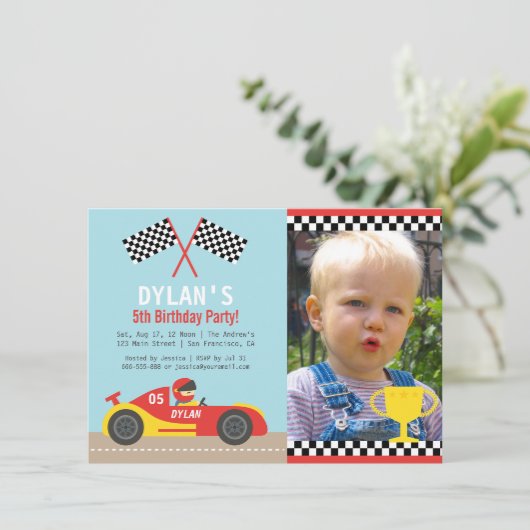 Verjaardagsfeestje foto uitnodigingen voor jongens (Staand voorkant)