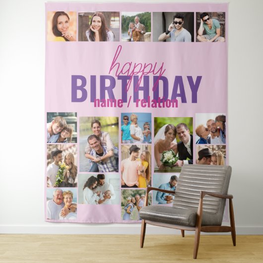 Verjaardagsfeestje Fotocollage Roze Aangepaste Ach Wandkleed (In situ)