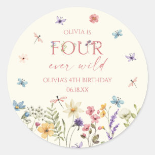 Verjaardagsfeestje Four Ever Wild Wildflower 4 jaa Ronde Sticker